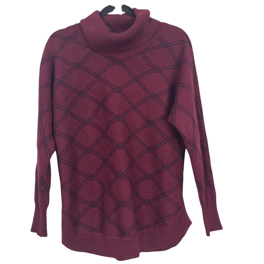 Liz Claiborne Turtleneck Sweater Womens M Burgundy Black Diamond Knit Pullover